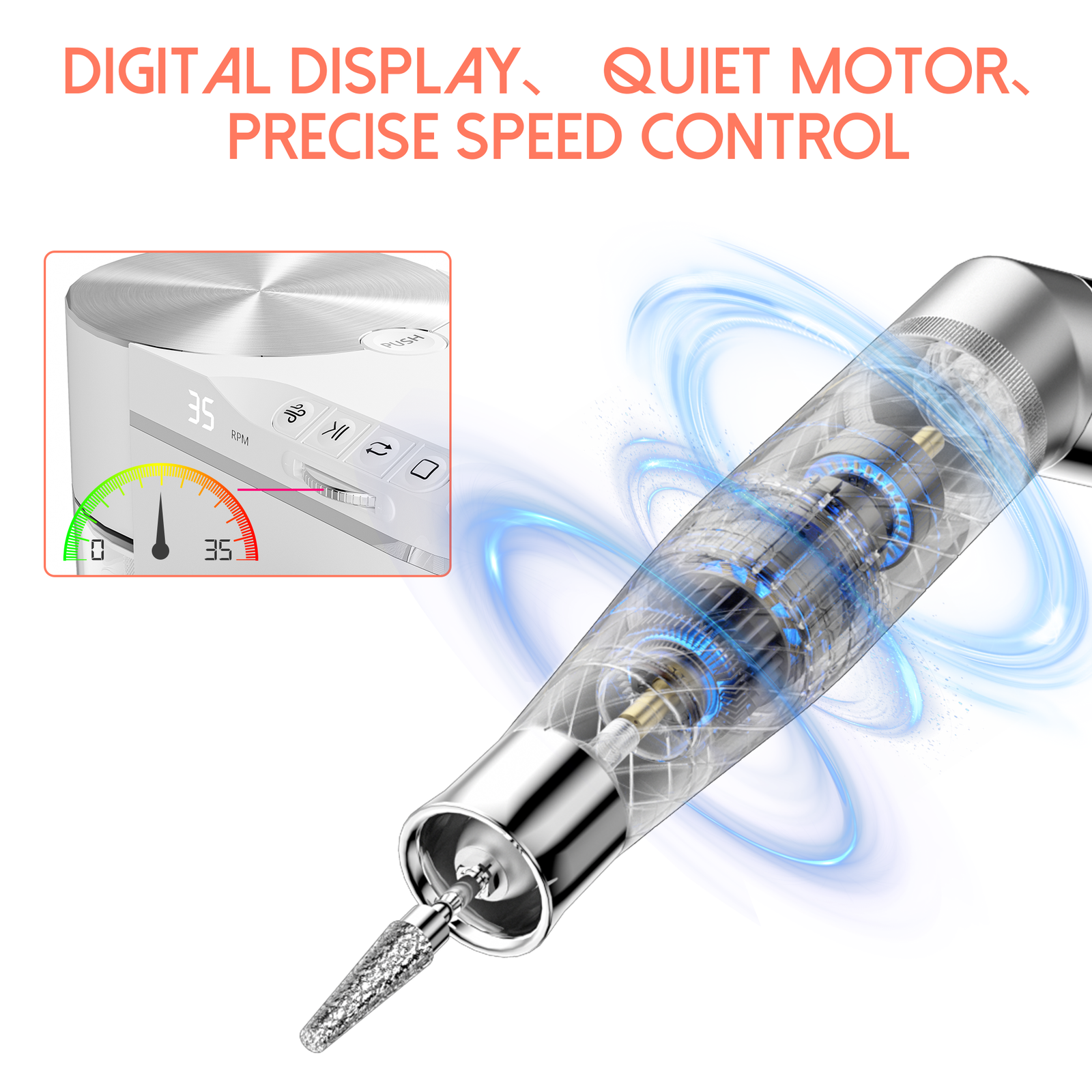 Internal quiet brushless motor technology for Pullyon nail drill - Precise speed control and high-efficiency performance for smooth manicure work