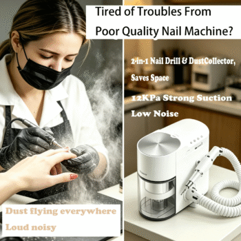 Nail salon dust and noise problem vs Pullyon 2-in-1 station solution - No dust flying, strong suction, and quiet brushless motor performance