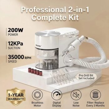 35000RPM 2-in-1 Brushless Nail Drill with Integrated 12KPa Vacuum — Professional 200W Salon Manicure Station